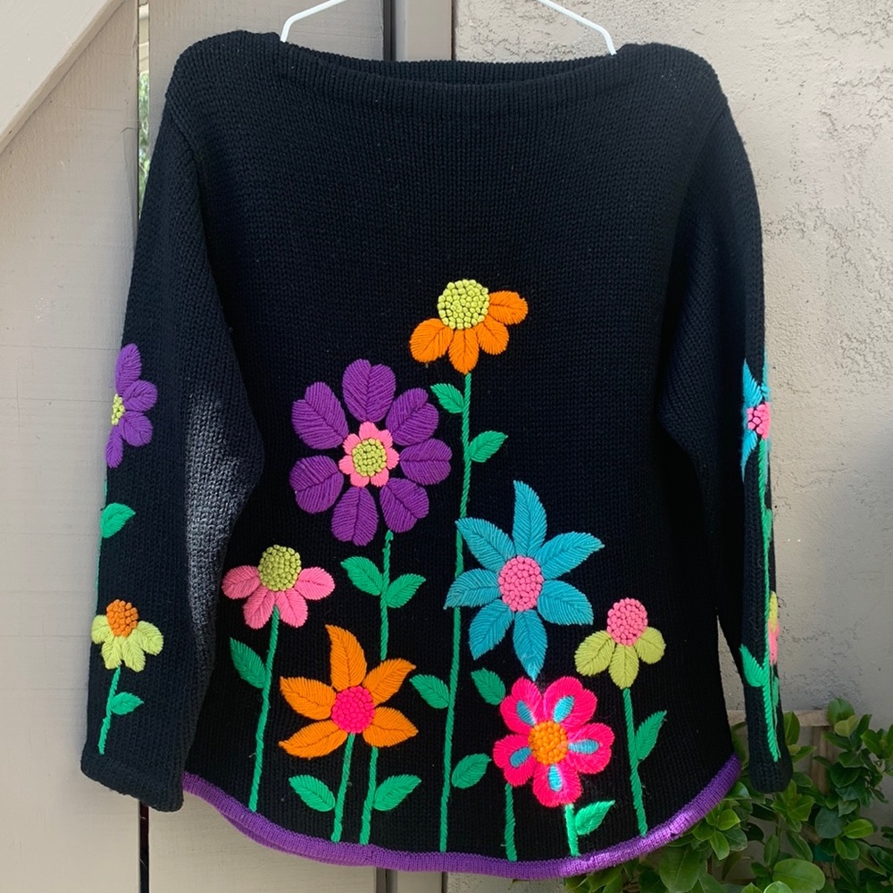 RESERVED Unique Vintage Wool Embroidered Floral Knit Sweater Retro Flower Power